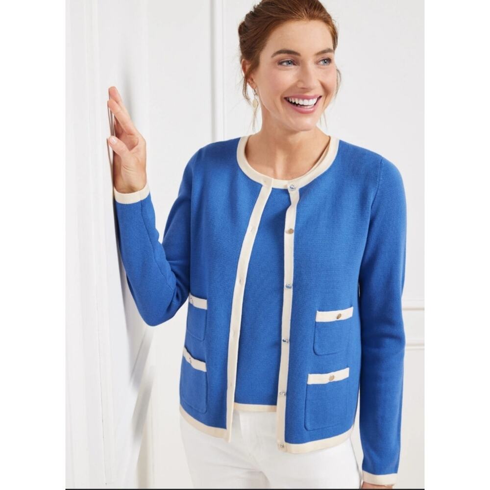 Talbots Grace Cardigan Blue Sz Large Classic Lady Like Button Front Sweater